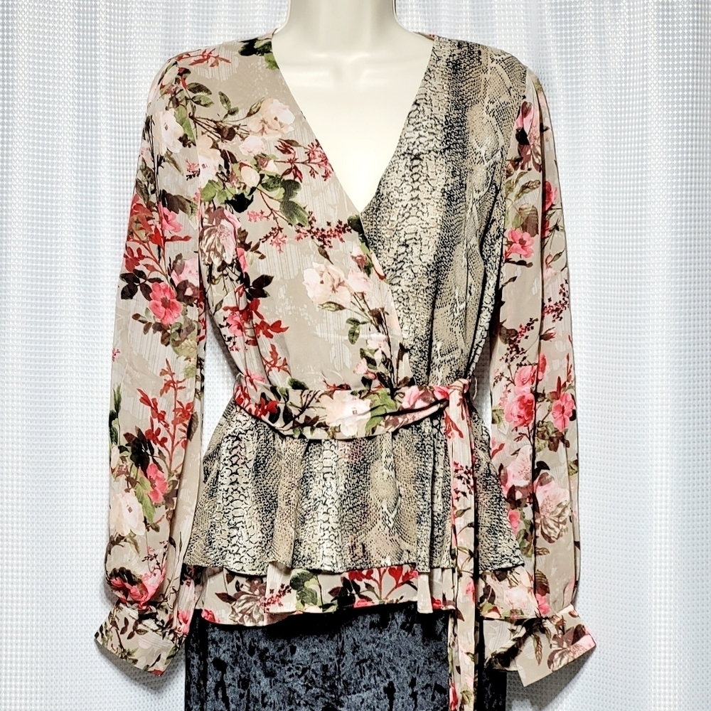 INC Floral & Snakeskin Sheer Faux Wrap Hi Lo Peplum Blouse Women's (S) - Picture 1 of 11